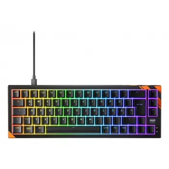 Mechaninė žaidimų klaviatūra Cherry K5 Pro TMR Compact — 65% išdėstymas, QWERTZ, RGB foninis apšvietimas, USB laidinis, 2 m laidas, juoda/oranžinė