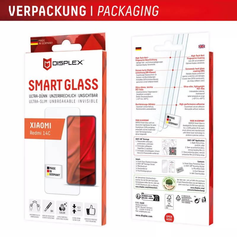 Displex Smart Glass (9H) – apsauginis stiklas, skirtas Xiaomi Redmi 14C, su montavimo lipdukais, nedūžtantis