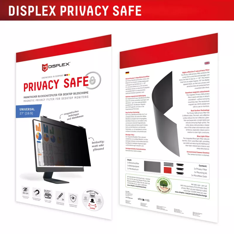 Displex PRIVACY SAFE nuimamas dvipusis privatumo filtras 27 colių (16:9) monitoriui