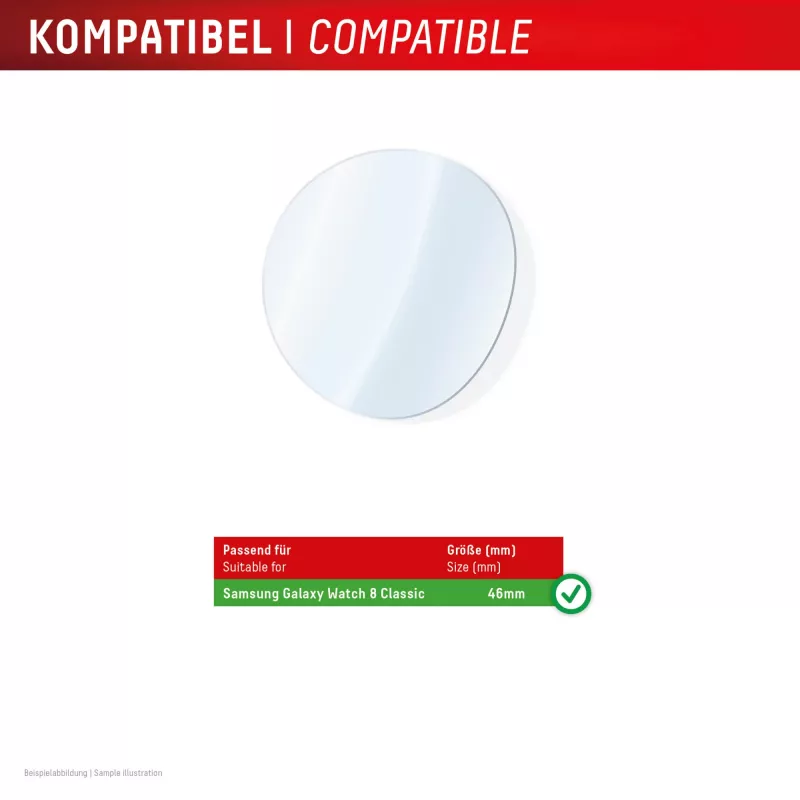 Apsauginis stiklas e.v.i. Displex 9H Glass, skirtas Galaxy Watch 8 (46 mm) — 2 vnt., itin plonas, be rėmelių, nuo pirštų atspaudų