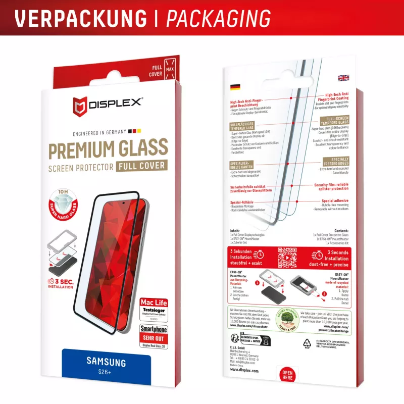 Displex Premium apsauginis stiklas (Full Cover, 10H), skirtas Samsung S26+, pilnas dengimas