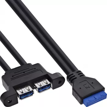 InLine 33390K Vidinė USB 3.2 Gen 1 jungtis, pagrindinės plokštės 19 kontaktų į 2x USB-A lizdą, 0,45 m