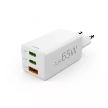 Hama 00125142 greitasis 65 W įkroviklis su GaN technologija, 3 prievadai (2x USB-C, 1x USB-A), balta