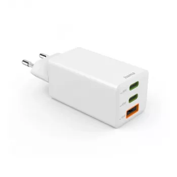 Hama 00125142 greitasis 65 W įkroviklis su GaN technologija, 3 prievadai (2x USB-C, 1x USB-A), balta