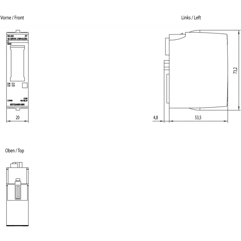 Siemens SIMATIC ET 200SP relių modulis NO, 4 x 120 V DC, 6ES7132-6HD01-0BB1