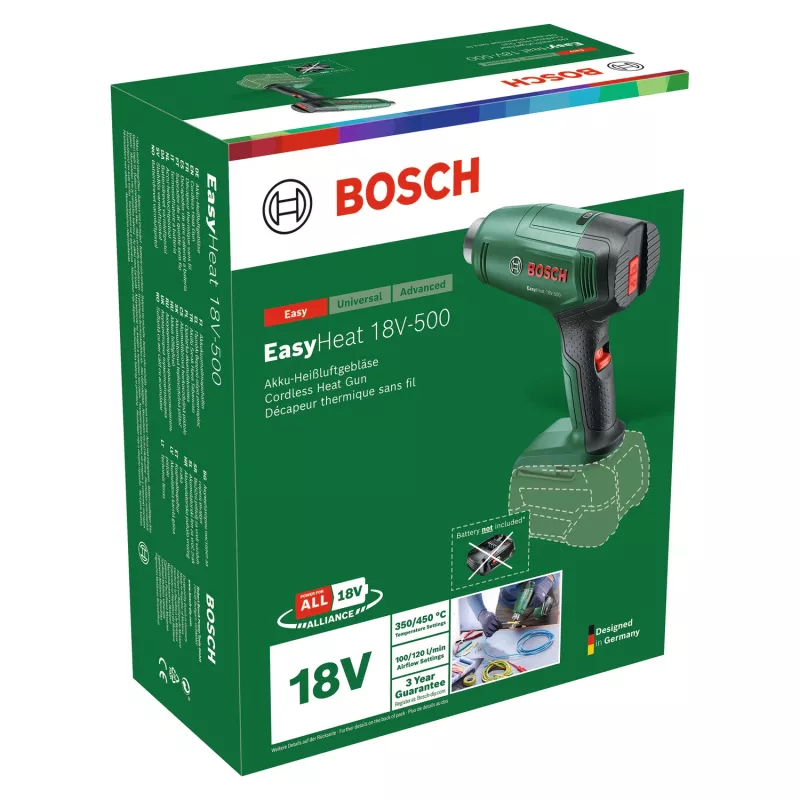 Pistoletinis karšto oro pistoletas Bosch EasyHeat 18V-500, 72 W, 350–450 °C, be akumuliatoriaus, žalias