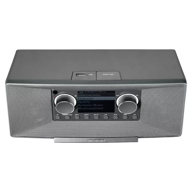 Internetinis radijas MEDION LIFE P85333 — DAB+ / FM, 12 W RMS, 2,8 colio TFT, Wi‑Fi 802.11a/b/g, 3,5 mm lizdas, pilka spalva