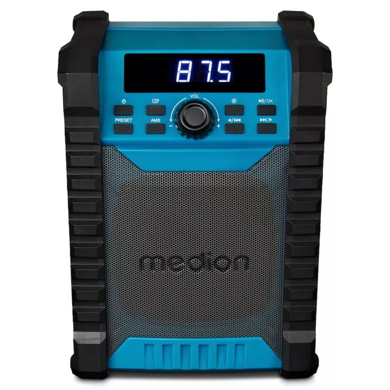 Nešiojamas skaitmeninis radijas MEDION LIFE E65895 (MD 43895) – PLL imtuvas, 10 W RMS, LCD, Bluetooth 10 m, IP54, išorinė antena, juoda/mėlyna