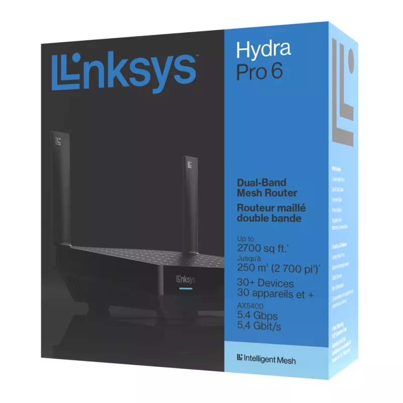 Linksys Hydra Pro 6 dviejų juostų WiFi 6 maršrutizatorius AX5400, tinklinė sistema, 802.11ax, 2,4 / 5 GHz, Ethernet LAN, juodas