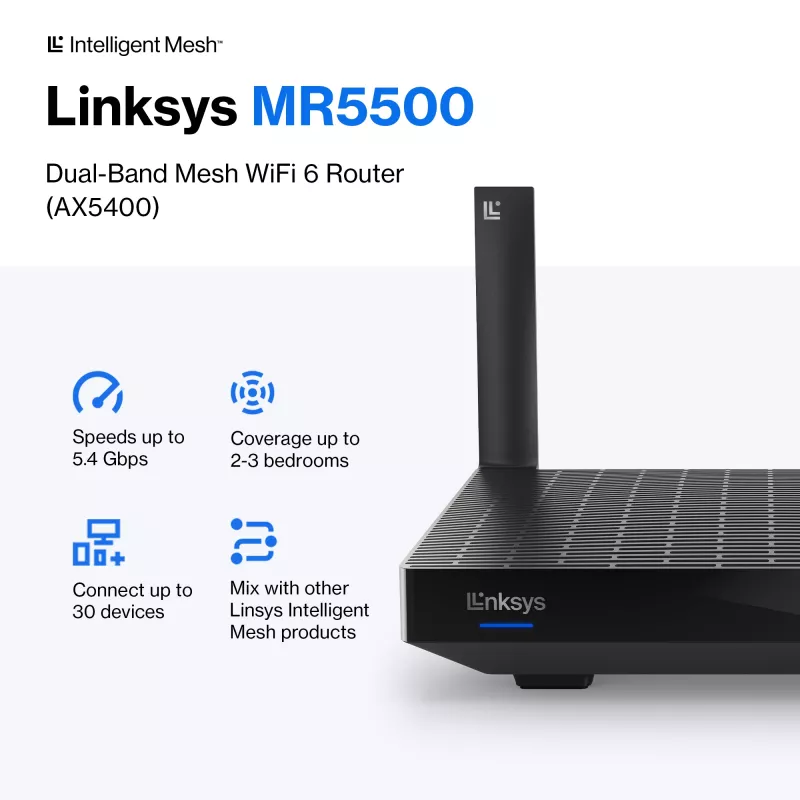 Linksys Hydra Pro 6 dviejų juostų WiFi 6 maršrutizatorius AX5400, tinklinė sistema, 802.11ax, 2,4 / 5 GHz, Ethernet LAN, juodas