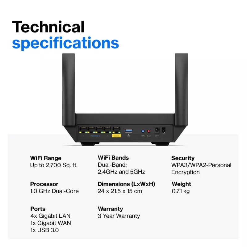 Linksys Hydra Pro 6 dviejų juostų WiFi 6 maršrutizatorius AX5400, tinklinė sistema, 802.11ax, 2,4 / 5 GHz, Ethernet LAN, juodas