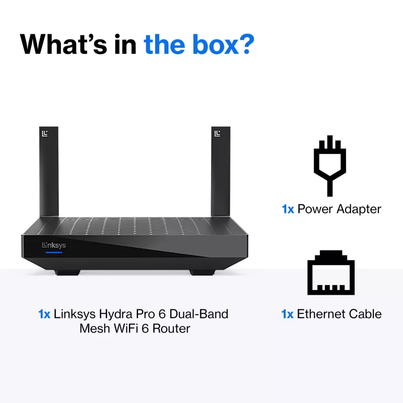 Linksys Hydra Pro 6 dviejų juostų WiFi 6 maršrutizatorius AX5400, tinklinė sistema, 802.11ax, 2,4 / 5 GHz, Ethernet LAN, juodas