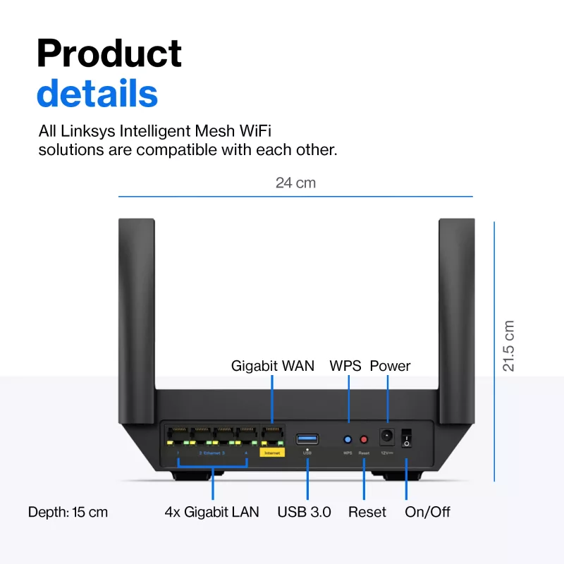 Linksys Hydra Pro 6 dviejų juostų WiFi 6 maršrutizatorius AX5400, tinklinė sistema, 802.11ax, 2,4 / 5 GHz, Ethernet LAN, juodas