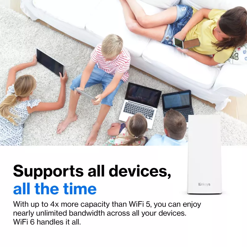 Linksys Atlas 6 dviejų juostų „Mesh“ WiFi 6 sistema, 3 vnt., balta, vidinė antena, 557 m², „Mesh“ sistema, dviejų juostų (2,4 GHz / 5 GHz), WiFi 6 (802.11ax)