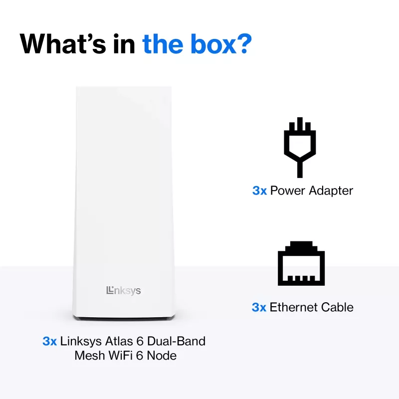 Linksys Atlas 6 dviejų juostų „Mesh“ WiFi 6 sistema, 3 vnt., balta, vidinė antena, 557 m², „Mesh“ sistema, dviejų juostų (2,4 GHz / 5 GHz), WiFi 6 (802.11ax)