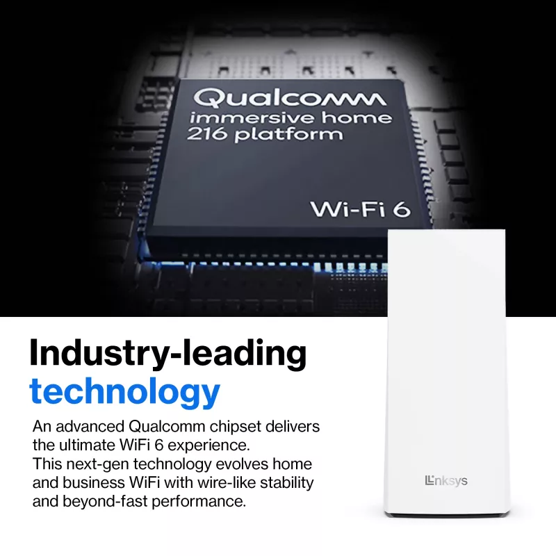 Linksys Atlas 6 dviejų juostų „Mesh“ WiFi 6 sistema, 3 vnt., balta, vidinė antena, 557 m², „Mesh“ sistema, dviejų juostų (2,4 GHz / 5 GHz), WiFi 6 (802.11ax)