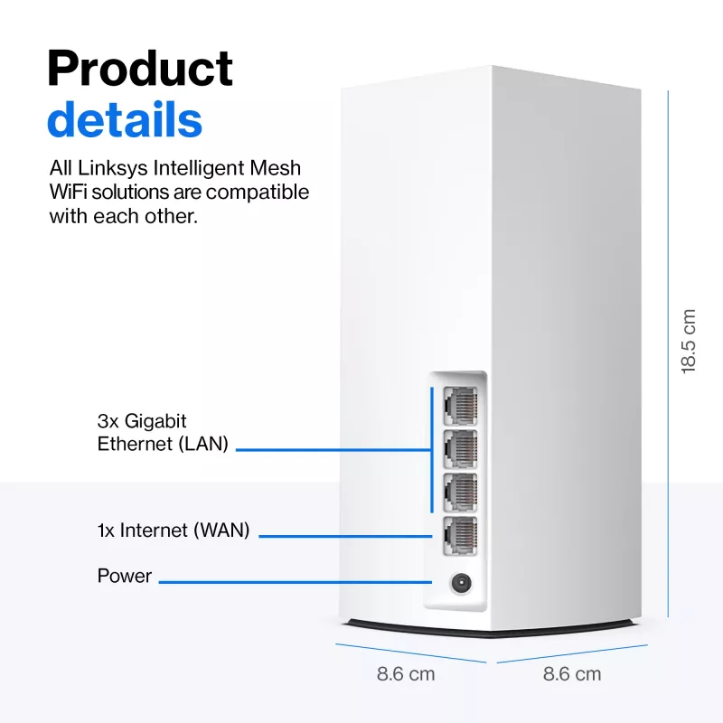 Linksys Atlas 6 dviejų juostų „Mesh“ WiFi 6 sistema, 3 vnt., balta, vidinė antena, 557 m², „Mesh“ sistema, dviejų juostų (2,4 GHz / 5 GHz), WiFi 6 (802.11ax)