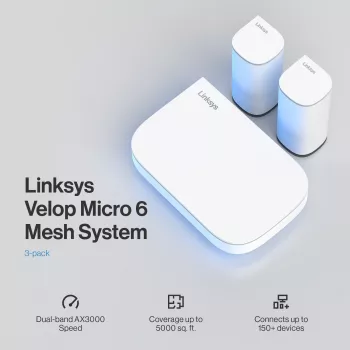 Linksys Velop Micro 6 belaidžio tinklo sistema – Dviejų juostų WiFi 6 AX3000 (3 vnt.)