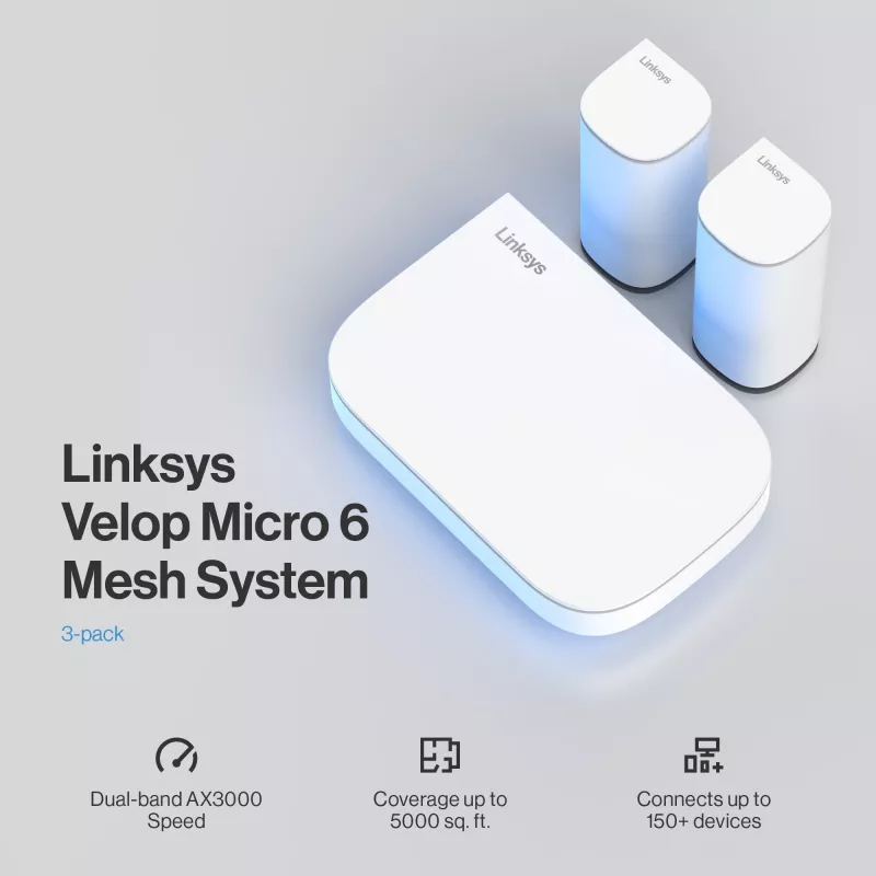 Linksys Velop Micro 6 belaidžio tinklo sistema – Dviejų juostų WiFi 6 AX3000 (3 vnt.)