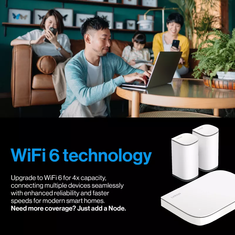 Linksys Velop Micro 6 belaidžio tinklo sistema – Dviejų juostų WiFi 6 AX3000 (3 vnt.)