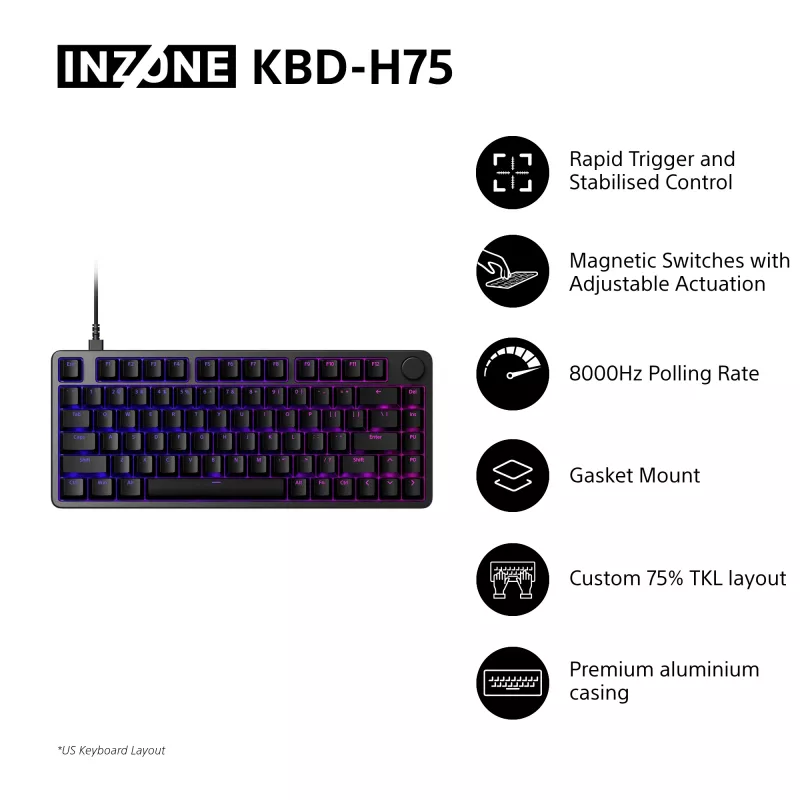 Sony INZONE KBD-H75 75% laidinė klaviatūra, magnetiniai-mechaniniai jungikliai, QWERTY US International RGB juoda