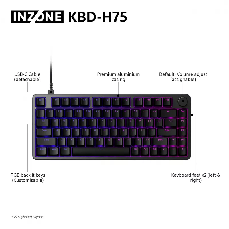 Sony INZONE KBD-H75 75% laidinė klaviatūra, magnetiniai-mechaniniai jungikliai, QWERTY US International RGB juoda