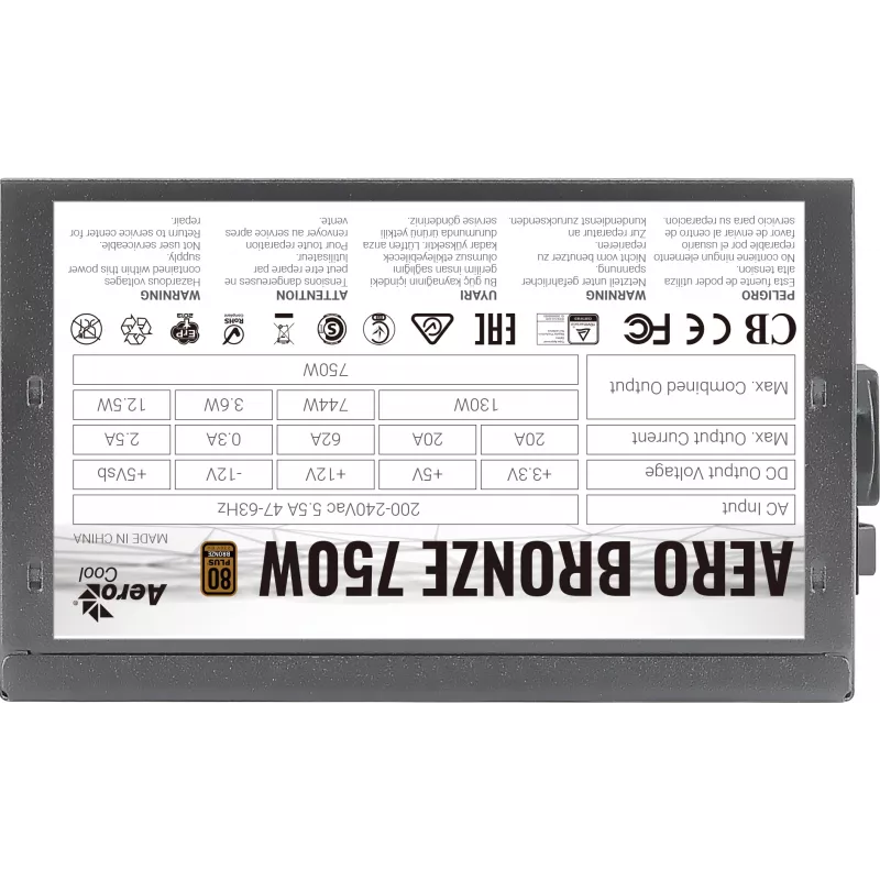 Kompiuterio maitinimo blokas AEROCOOL AEROB750 750W 80 PLUS Bronze Nemodulinis 230V Tylus Juodas
