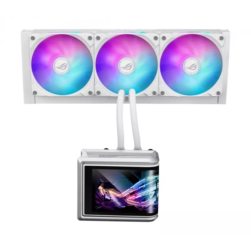 Vandens aušintuvas ASUS ROG Ryuo IV SLC 360 ARGB White Edition – 360 mm radiatorius, 3×120 mm ventiliatoriai, AMOLED ekranas, LGA 1700 palaikymas