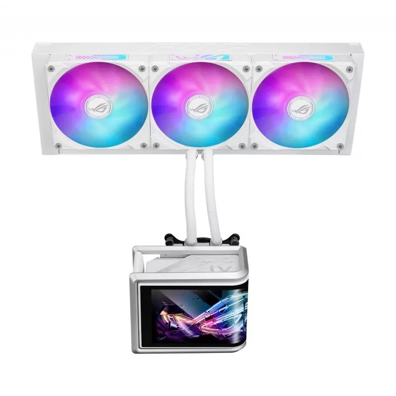 Vandens aušintuvas ASUS ROG Ryuo IV SLC 360 ARGB White Edition – 360 mm radiatorius, 3×120 mm ventiliatoriai, AMOLED ekranas, LGA 1700 palaikymas