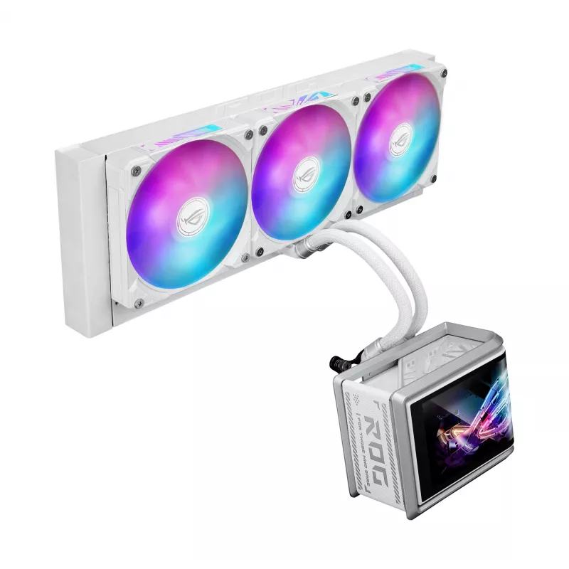 Vandens aušintuvas ASUS ROG Ryuo IV SLC 360 ARGB White Edition – 360 mm radiatorius, 3×120 mm ventiliatoriai, AMOLED ekranas, LGA 1700 palaikymas