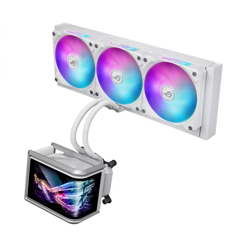 Vandens aušintuvas ASUS ROG Ryuo IV SLC 360 ARGB White Edition – 360 mm radiatorius, 3×120 mm ventiliatoriai, AMOLED ekranas, LGA 1700 palaikymas