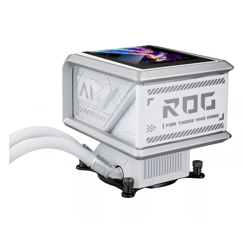 Vandens aušintuvas ASUS ROG Ryuo IV SLC 360 ARGB White Edition – 360 mm radiatorius, 3×120 mm ventiliatoriai, AMOLED ekranas, LGA 1700 palaikymas