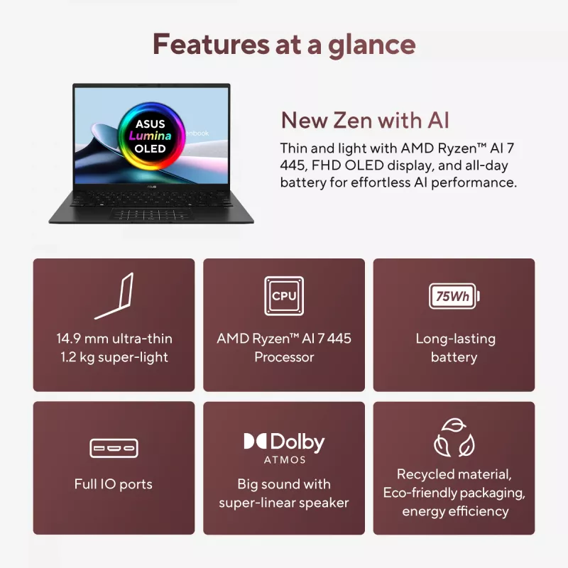 ASUS Zenbook 14 OLED UM3406GA-QD031W Copilot+ PC AMD Ryzen™ AI 7 445 nešiojamas kompiuteris 35,6 cm (14 colių) WUXGA 32 GB LPDDR5x-SDRAM 1 TB SSD Wi-Fi 6E (802.11ax) Windows 11 Home Dutch Black