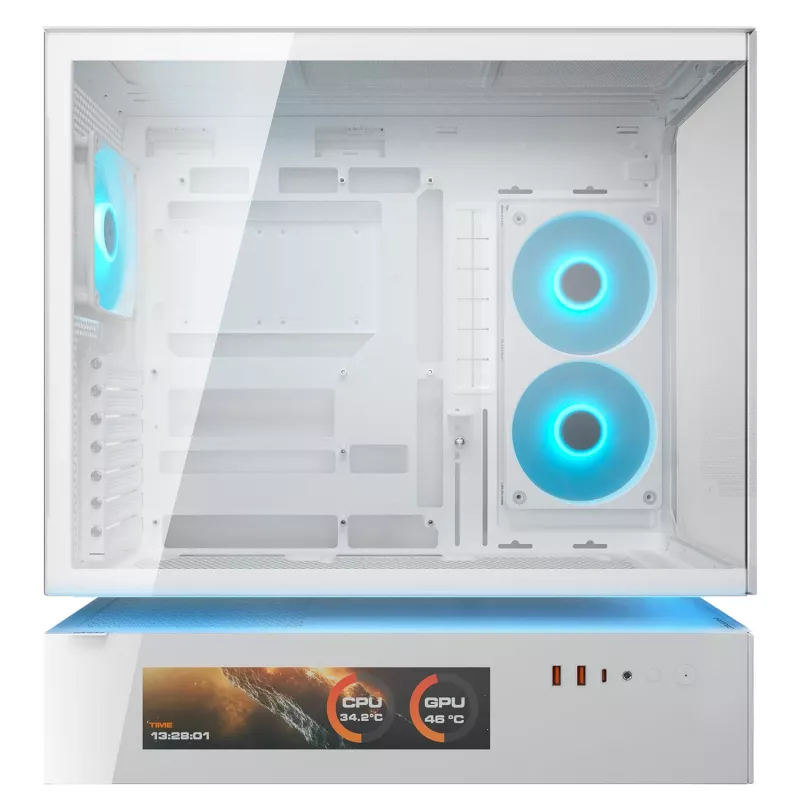 COUGAR CFV235 Vision midi bokštas — ARGB, 9,16 colio (23,3 cm) LCD, grūdintas stiklas, baltas, ATX/Micro-ITX, 2x3,5 colio + 2x2,5 colio