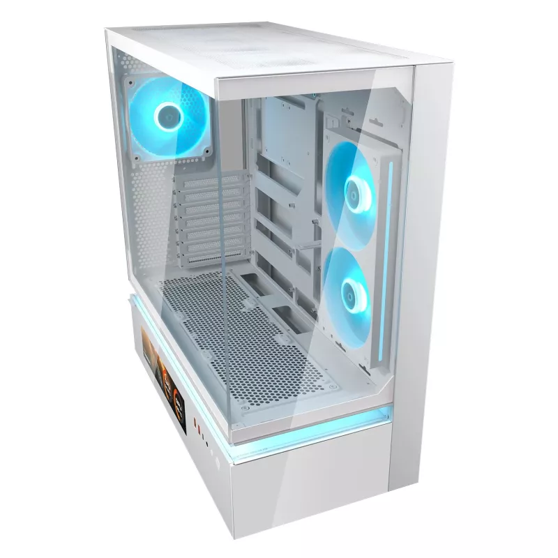 COUGAR CFV235 Vision midi bokštas — ARGB, 9,16 colio (23,3 cm) LCD, grūdintas stiklas, baltas, ATX/Micro-ITX, 2x3,5 colio + 2x2,5 colio