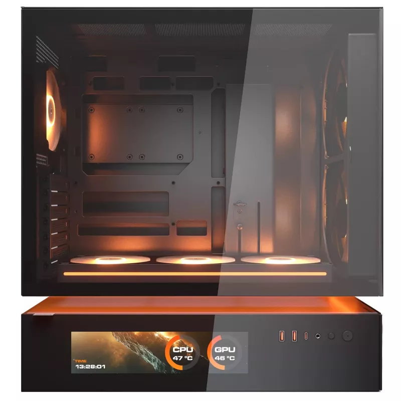 COUGAR CFV235 Vision Midi Tower PC korpusas — ARGB, 9.16 colio (23,3 cm) LCD 1920×462, tinklelis, priekyje 2×160 mm, gale 1×120 mm, juodas