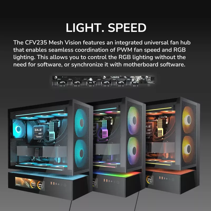COUGAR CFV235 Vision Midi Tower PC korpusas — ARGB, 9.16 colio (23,3 cm) LCD 1920×462, tinklelis, priekyje 2×160 mm, gale 1×120 mm, juodas