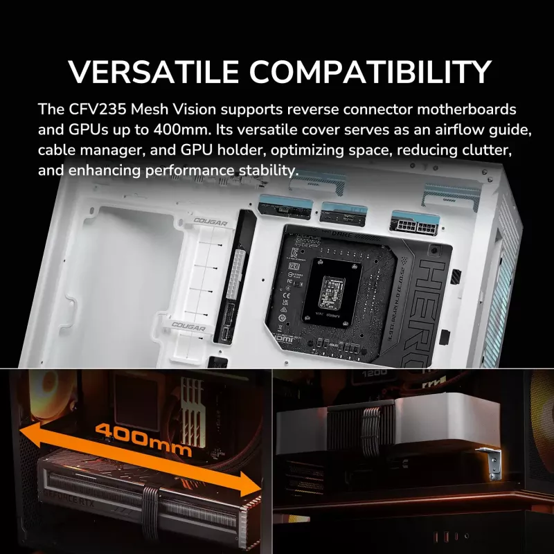 COUGAR CFV235 Vision Midi Tower PC korpusas — ARGB, 9.16 colio (23,3 cm) LCD 1920×462, tinklelis, priekyje 2×160 mm, gale 1×120 mm, juodas