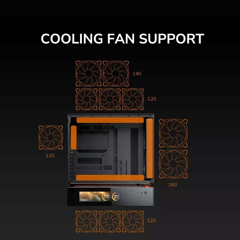 COUGAR CFV235 Vision Midi Tower PC korpusas — ARGB, 9.16 colio (23,3 cm) LCD 1920×462, tinklelis, priekyje 2×160 mm, gale 1×120 mm, juodas