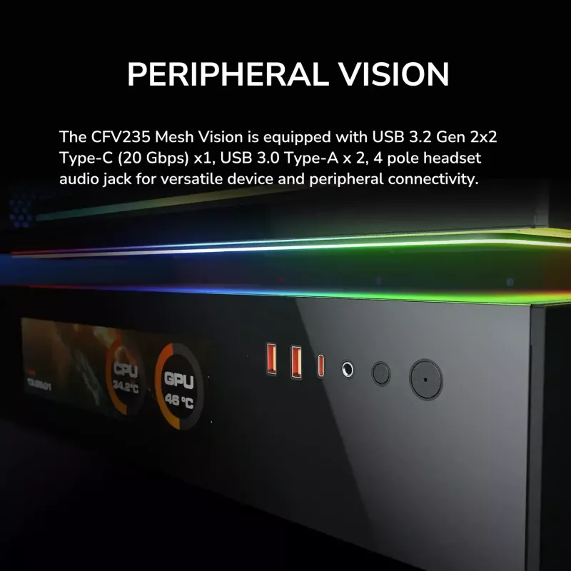 COUGAR CFV235 Vision Midi Tower PC korpusas — ARGB, 9.16 colio (23,3 cm) LCD 1920×462, tinklelis, priekyje 2×160 mm, gale 1×120 mm, juodas