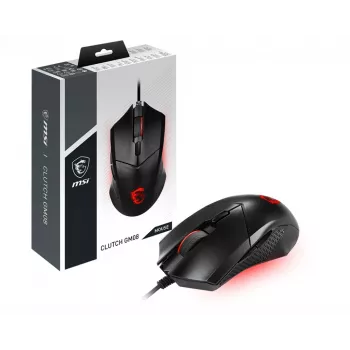 MSI CLUTCH GM08 Optinė žaidimų pelė • 4200 DPI optinis jutiklis, 6 programuojami mygtukai, simetriškas dizainas, patvarūs jungikliai (10+ mln. paspaudimų), reguliuojamas svoris, raudonas LED