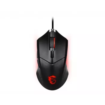 MSI CLUTCH GM08 Optinė žaidimų pelė • 4200 DPI optinis jutiklis, 6 programuojami mygtukai, simetriškas dizainas, patvarūs jungikliai (10+ mln. paspaudimų), reguliuojamas svoris, raudonas LED