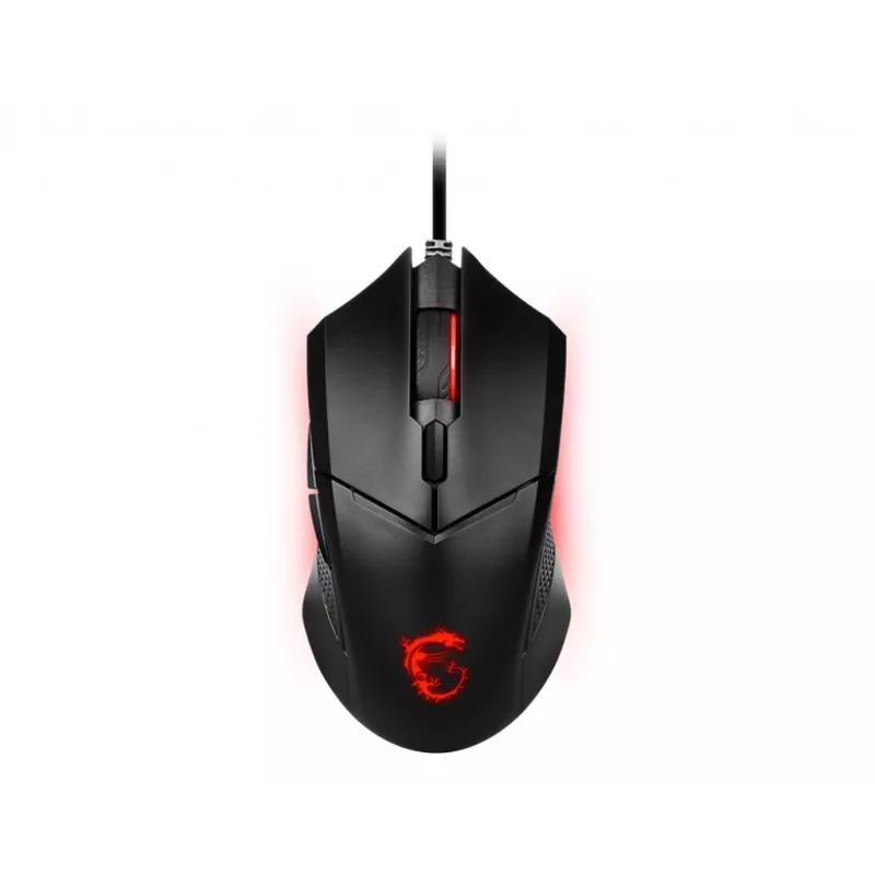 MSI CLUTCH GM08 Optinė žaidimų pelė • 4200 DPI optinis jutiklis, 6 programuojami mygtukai, simetriškas dizainas, patvarūs jungikliai (10+ mln. paspaudimų), reguliuojamas svoris, raudonas LED