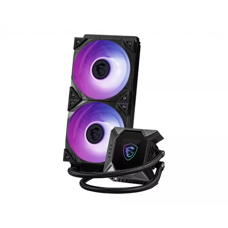 MSI MPG CORELIQUID K240 skysčio aušintuvas procesoriui, 240 mm radiatorius, 2,4 colio LCD ekranas, 3x 120 mm ARGB PWM ventiliatorius, centrinis, palaiko Intel ir AMD platformas, aušinamas ASETEK
