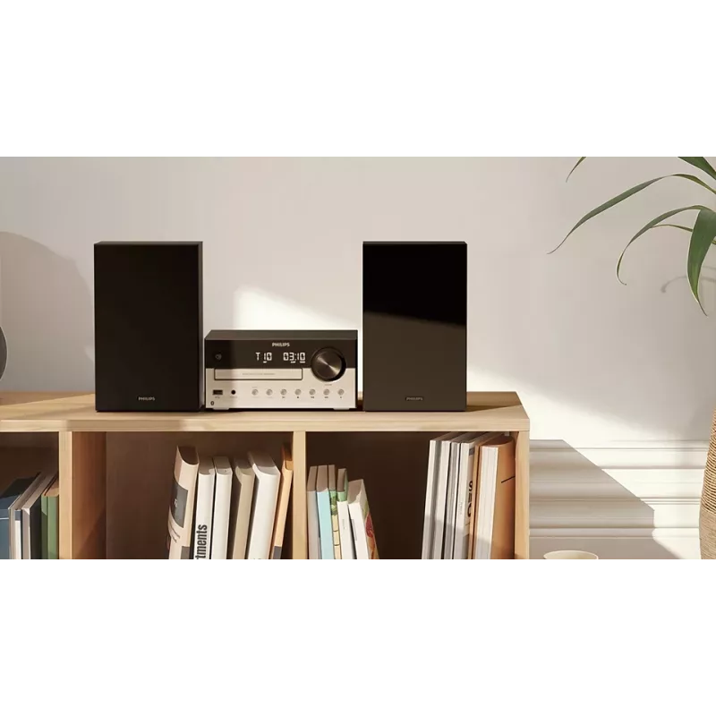 Mikro sistema namams Philips TAM4205M2/12 – 80 W RMS, 2 krypčių garsiakalbiai, Bluetooth, FM, LED ekranas, diskų dėklas (Juoda/Sidabrinė)