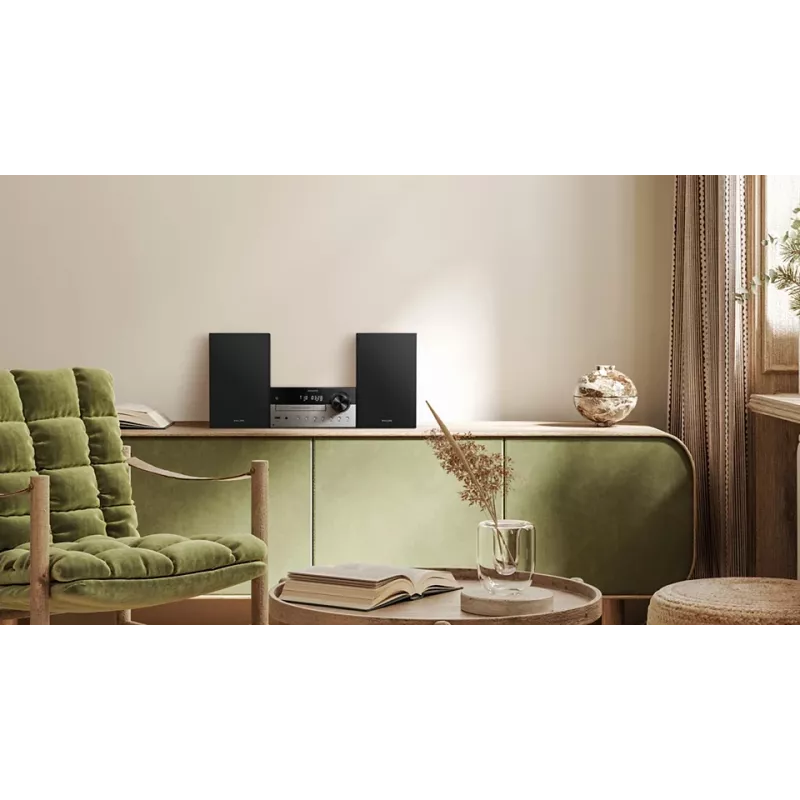 Mikro sistema namams Philips TAM4205M2/12 – 80 W RMS, 2 krypčių garsiakalbiai, Bluetooth, FM, LED ekranas, diskų dėklas (Juoda/Sidabrinė)
