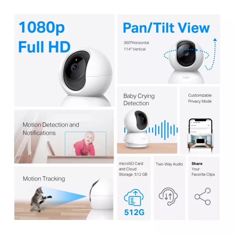 TP-Link Tapo Pan/Tilt namų apsaugos Wi-Fi kamera, IP stebėjimo kamera, vidaus, belaidė, 2400 MHz, stalas, juoda, balta