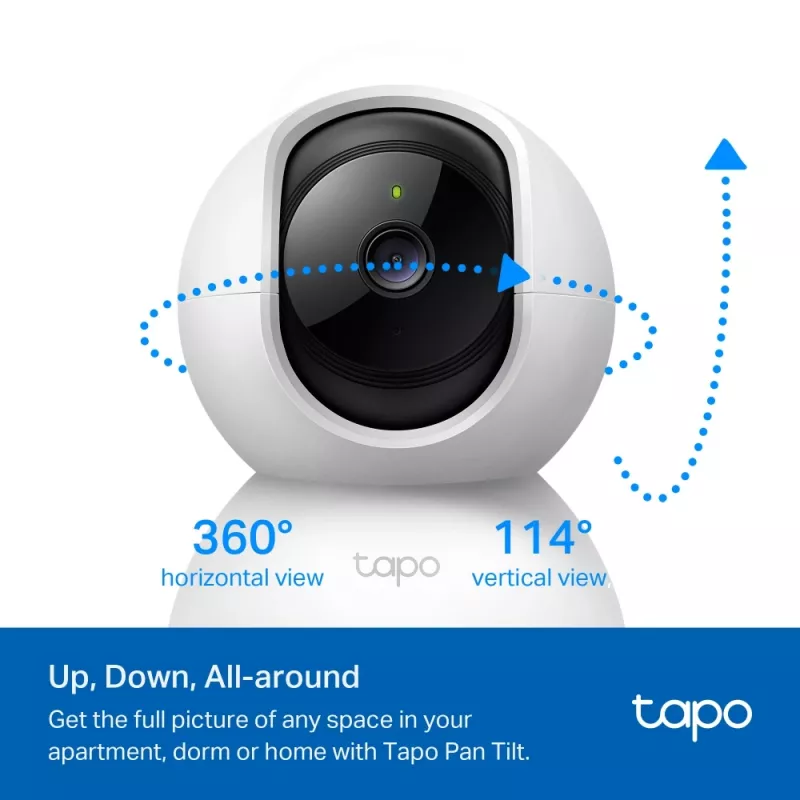 TP-Link Tapo Pan/Tilt namų apsaugos Wi-Fi kamera, IP stebėjimo kamera, vidaus, belaidė, 2400 MHz, stalas, juoda, balta