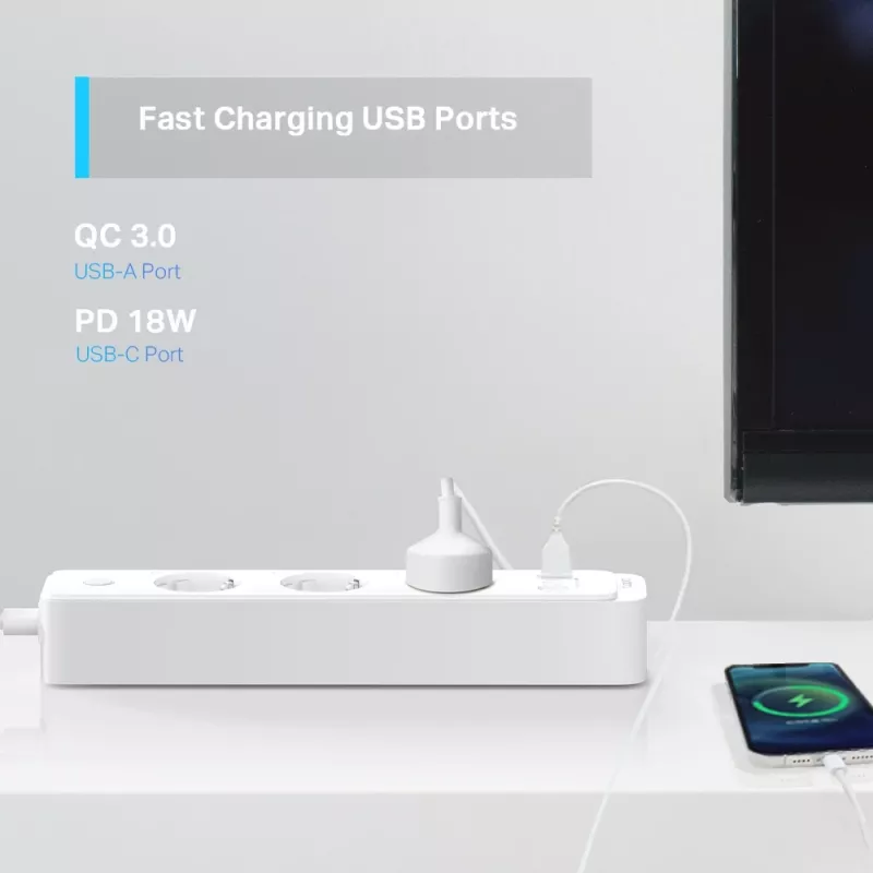 TP-Link Tapo P300 išmanusis ilginimo lizdas su 3 rozetėmis, USB įkrovimu