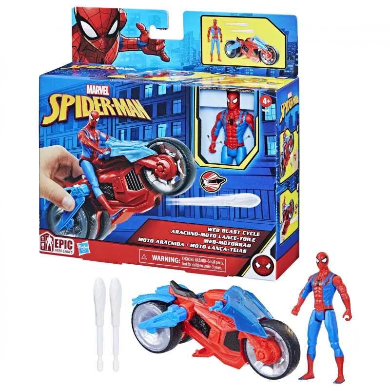 Marvel Spider-Man Web Blast Cycle vaikiškas motociklo žaidimų rinkinys su judinama Spider-Man figūrėle